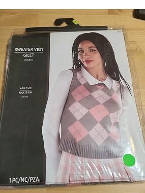 Sweater Vest Womens S/M argyle Pink Gray 90s Preppy Halloween Costume #4007